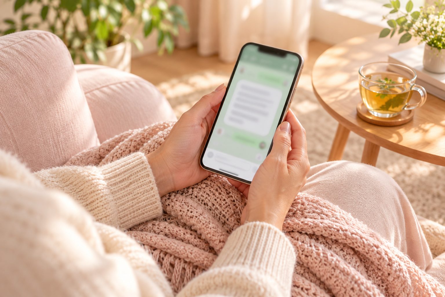 ソファでスマートフォンのメッセージを読む手元